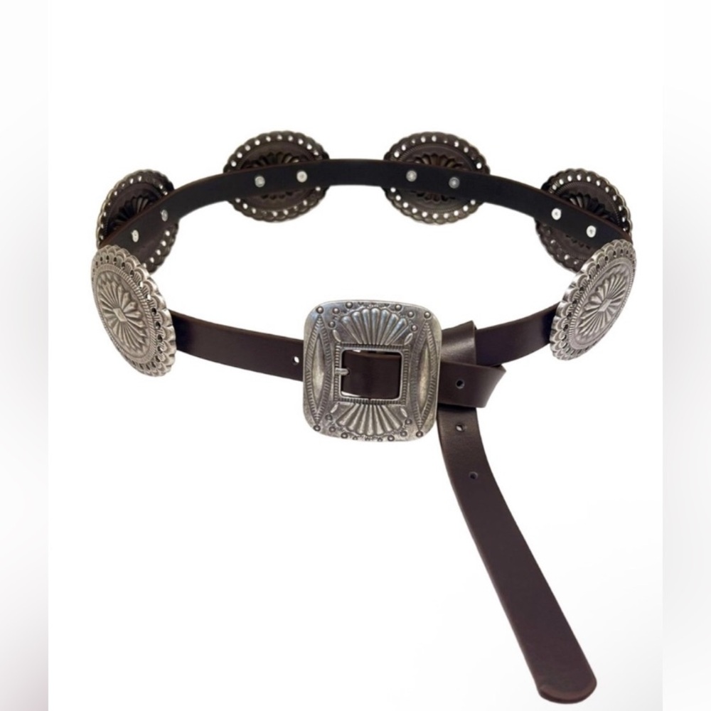 Brown Leather Western Concho Belt with Silver-Tone Buckle